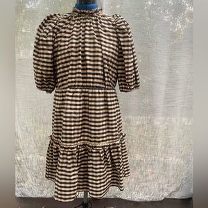 Marie Oliver byer dress in black & brown plaid mini puff sleeve dress ruffles